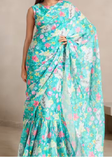 Printed Saree Gown Blue